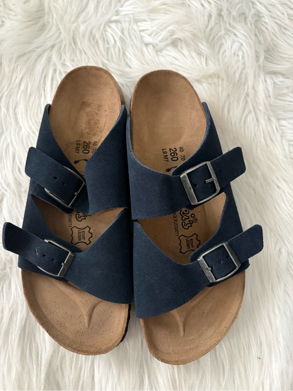 Birki’s Unisex Navy Double-Buckle Suede Slide Sandals - Picture 2 of 4